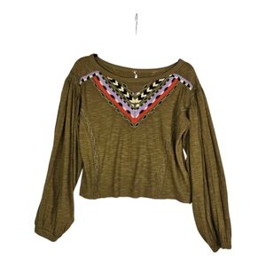Free People Women's XS Olive Moss Embroidered Long Sleeve Crop Top